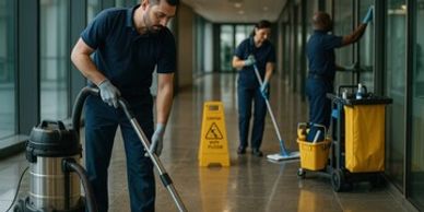 Janitors cleaning a hallway with vacuum and mop equipment.