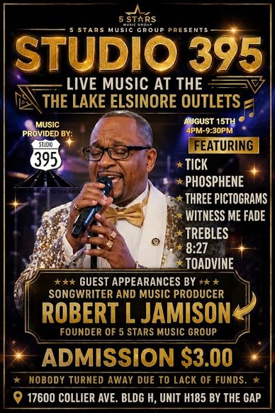 Flyer for Studio 395 live music event at Lake Elsinore Outlets.