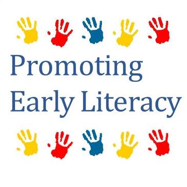 Colorful handprints surround the phrase promoting early literacy.