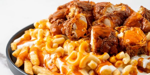 Loaded fries with mac & cheese, buffalo chicken.