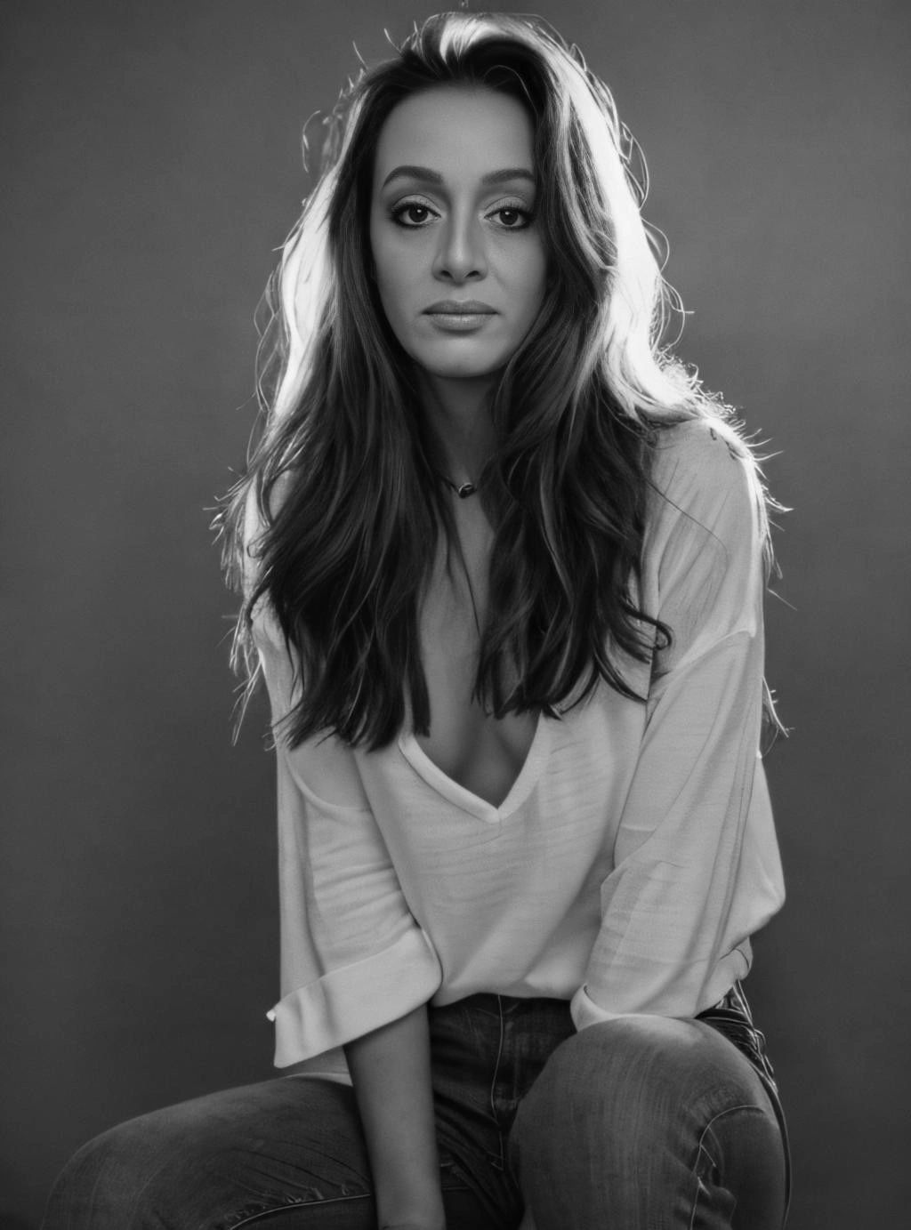 Black and white portrait of a woman with long hair.