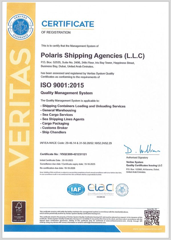ISO 9001:2015 Quality Management System certificate for Polaris Shipping Agencies (L.L.C).