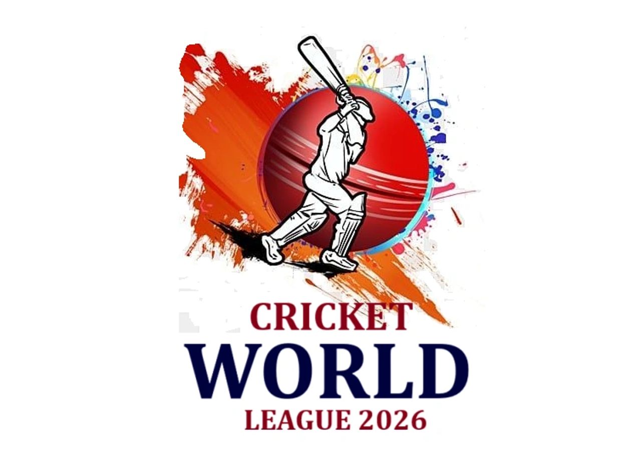 Cricket World League 2026 logo with a batsman and a red cricket ball.