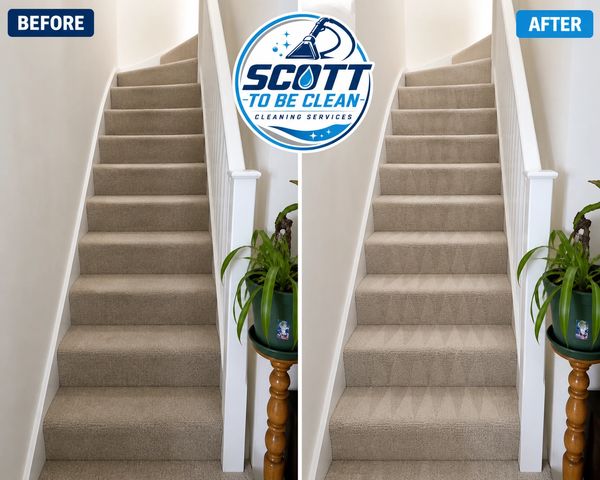 Before and after carpet cleaning on stairs by Scott To Be Clean.