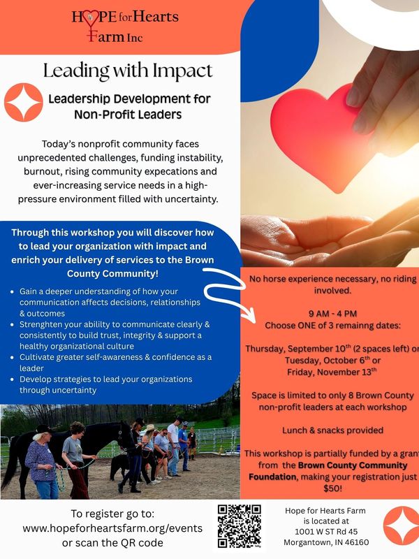 Workshop flyer for nonprofit leadership development by Hope for Hearts Farm.
