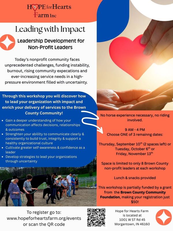 Workshop flyer for nonprofit leadership development by Hope for Hearts Farm.