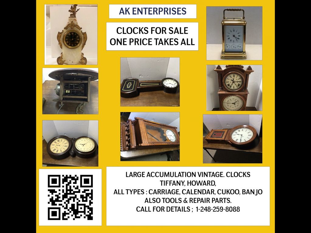Various vintage clocks for sale by AK Enterprises with one price for all.