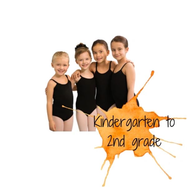A group of young dancers in black leotards Kindergarten to 2nd Grade Dance Classes