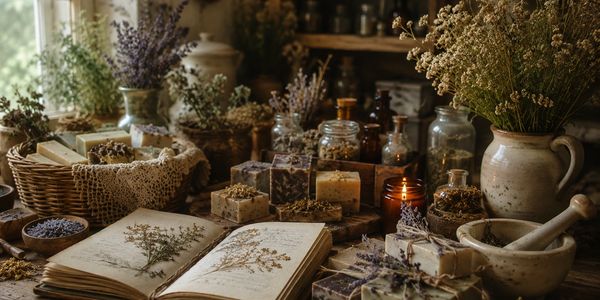 An old herbalist's workspace with dried herbs, handmade soaps, and an open botanical book.