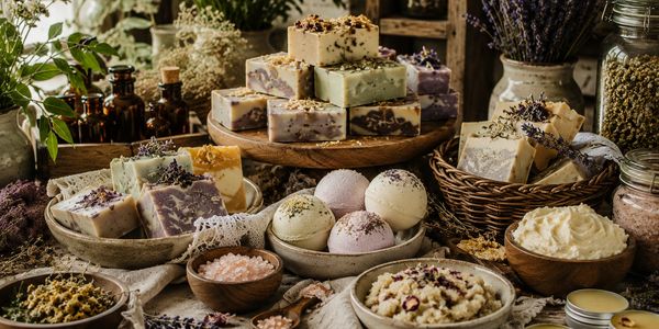 Artisan soaps and bath products arranged with dried flowers and bowls of bath salts.
