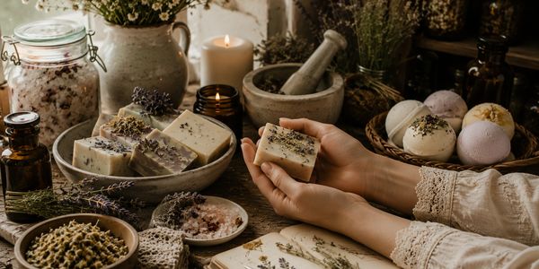 Hands holding a handmade soap bar surrounded by natural skincare items and dried herbs.