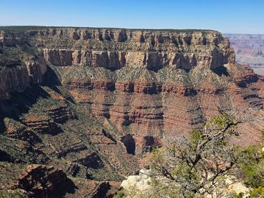 Scenic view of the Grand Canyon with layered rock formations and clear blue sky.