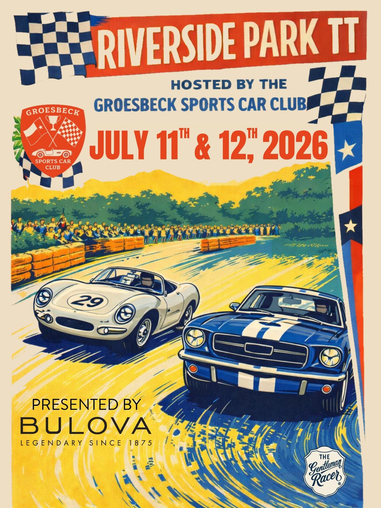 Vintage race poster for Riverside Park TT on July 11-12, 2026, featuring classic cars and crowds.