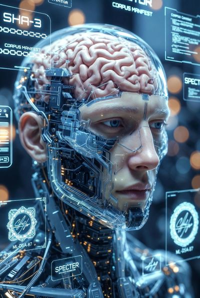 A humanoid robot with a visible brain and cybernetic enhancements.