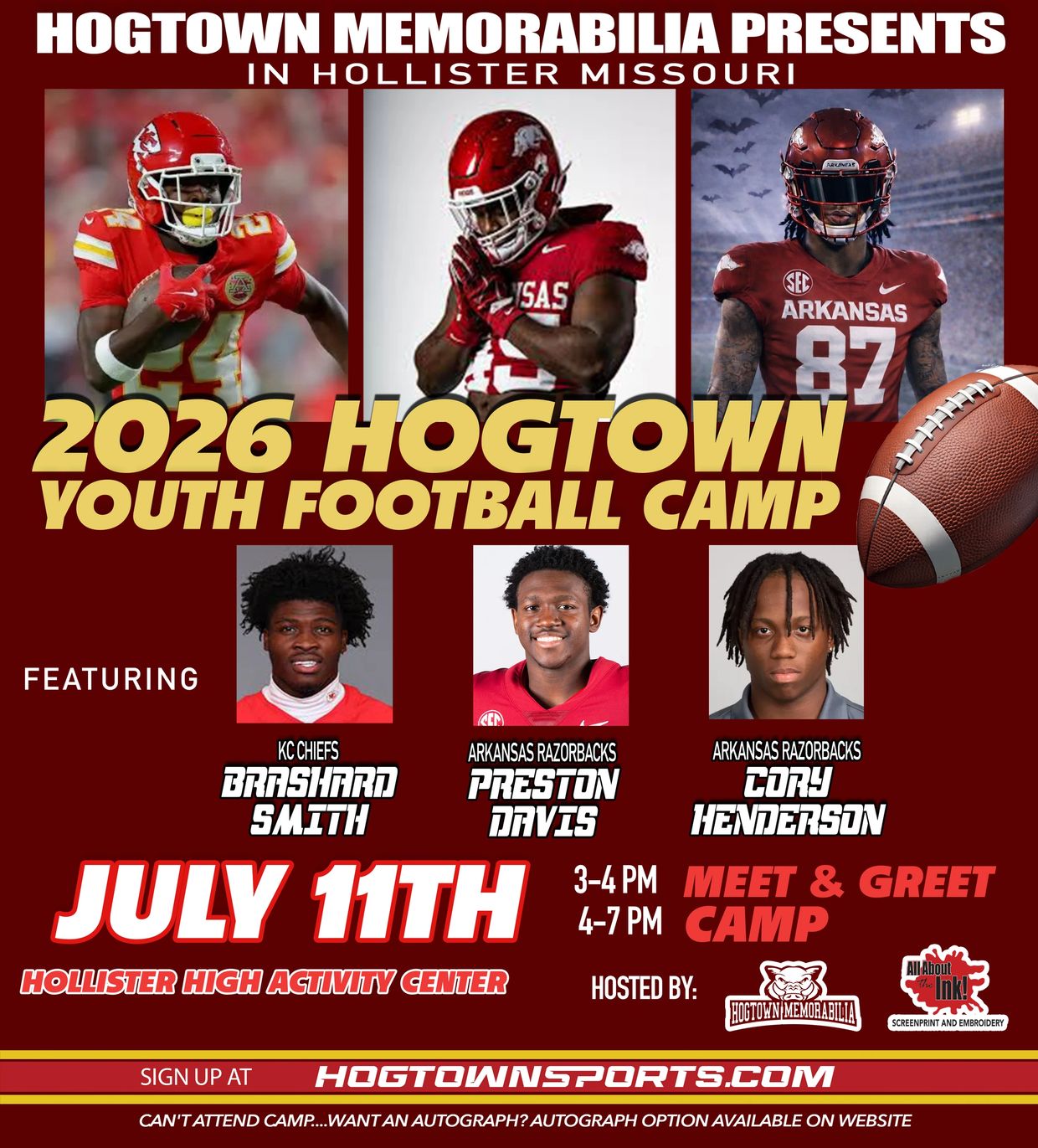 2026 Hogtown Youth Football Camp featuring Brashard Smith, Preston Davis, and Cory Henderson on July 11th in Hollister, Missouri.