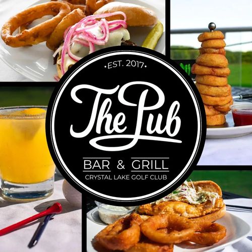 The Pub Bar & Grill logo surrounded by images of delicious food and drinks.