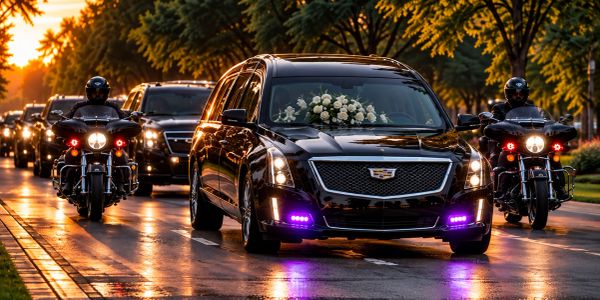 Black funeral procession with flower-adorned hearse.