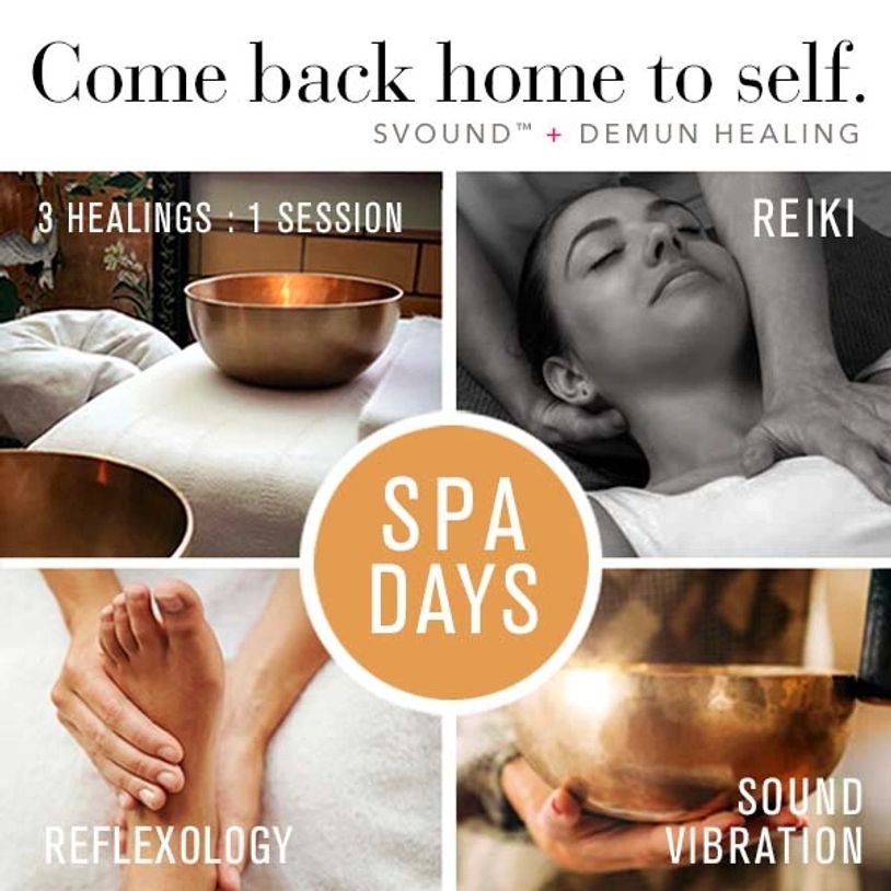 Spa days offering Reiki, reflexology, and sound vibration healing sessions.