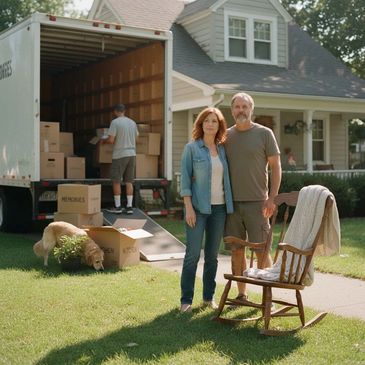 Couple standing in front of their house with moving boxes and a dog.