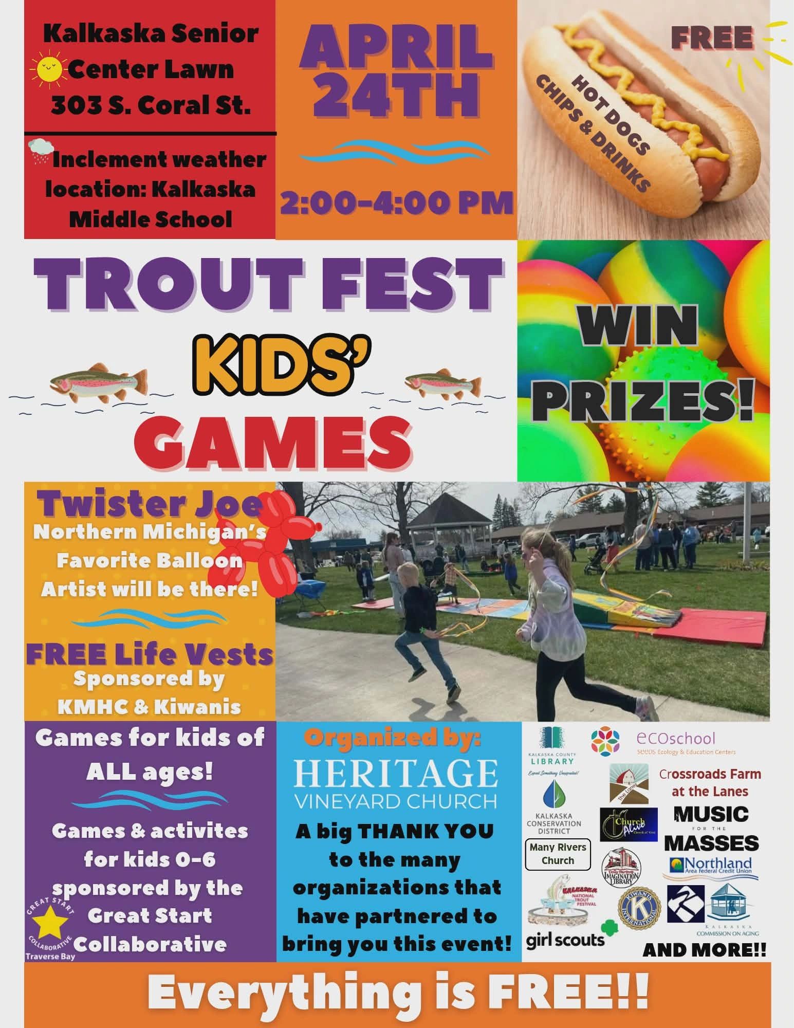 Trout Fest Kids' Games on April 24th with free food, prizes, and activities.