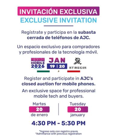 Invitation to AJC's exclusive closed auction for mobile phones at Mobile World Congress 2026.