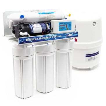 A reverse osmosis water filtration system with multiple filters and a storage tank.