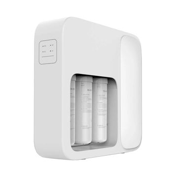 White sleek water purifier with visible filter cartridges and control panel.