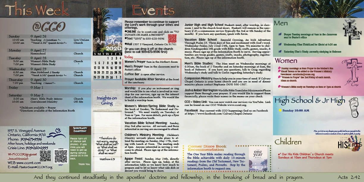Weekly church bulletin with events, services, and study groups for April 26 to May 3, 2020.