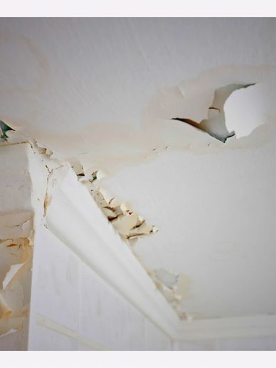 Home ceiling Water Damage from a leaking roof.