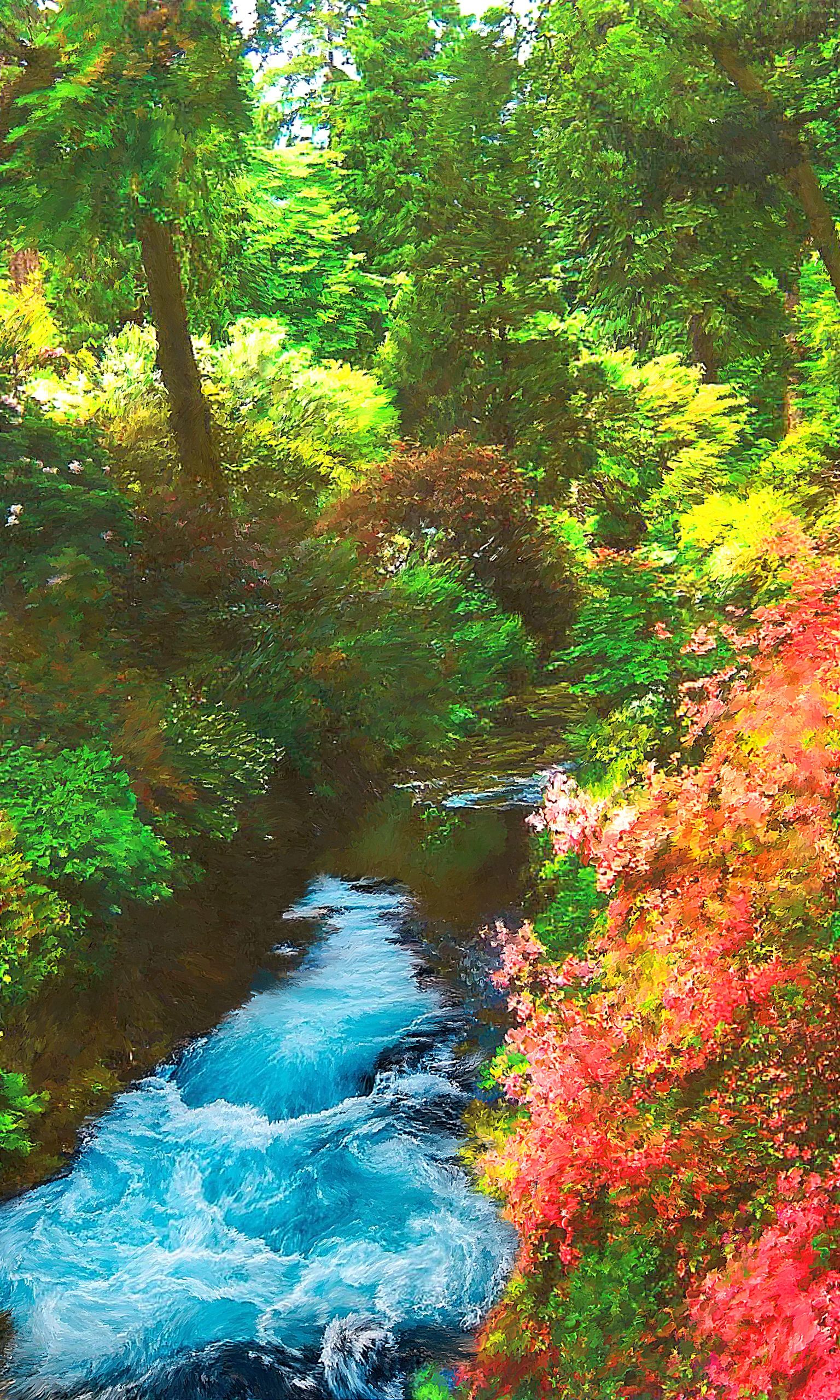 a beautiful painting of trees and water in the forest 