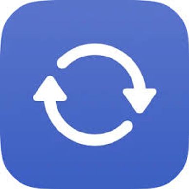 White circular sync arrows on a blue rounded square background.