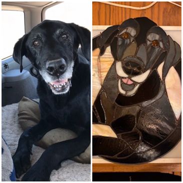 Custom dog portrait in stained glass. Side by side comparison of custom dog stained glass and photo of dog. 