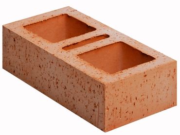 A single red clay brick with two large holes and one small hole.