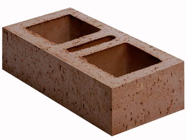 A brown concrete cinder block with two large rectangular holes.