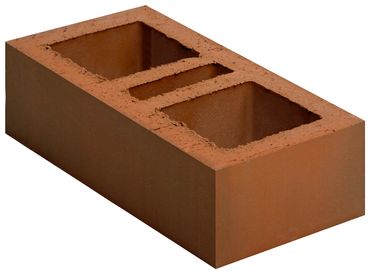 A red clay concrete block with two large and two small rectangular holes.
