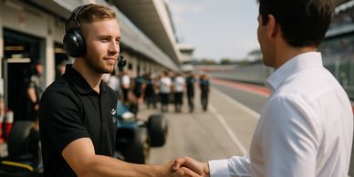 Two men shaking hands in a racing pit lane, one wearing a headset.