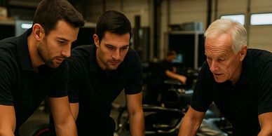 Three men in black shirts studying blueprints in a workshop.
