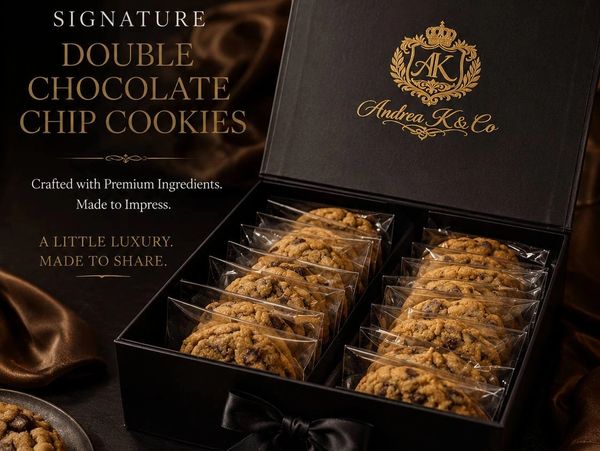 Luxury double chocolate chip cookies in elegant packaging.