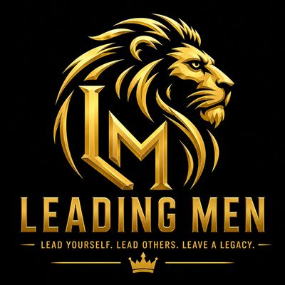 Golden lion logo with "LM" initials and text "Leading Men" on black background.
