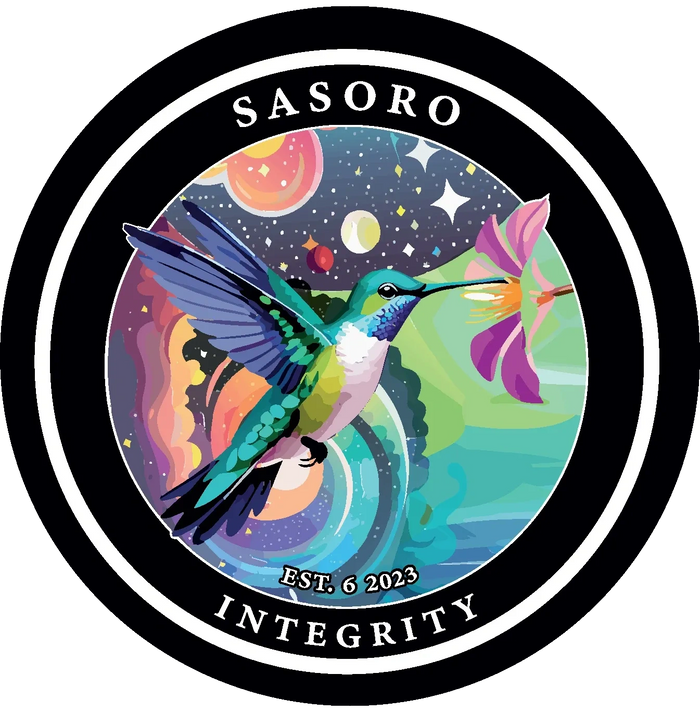 Colorful hummingbird feeding on a flower with cosmic background and text 'SASORO INTEGRITY'.