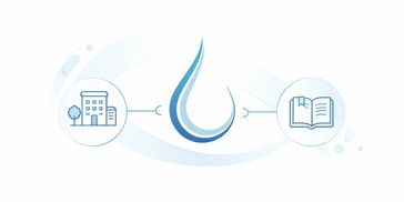 A water droplet icon connecting a building and an open book in a minimalist design.