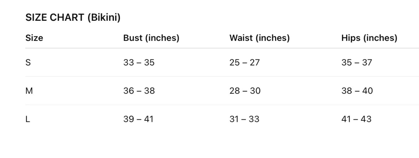 Bikini size chart with bust, waist, and hips measurements for S, M, and L sizes.
