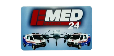 Logo for MED 24 with two ambulances and an airplane.