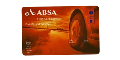 ABSA Fleet Card for fuel, oil, and toll services featuring a vehicle tire at sunset.