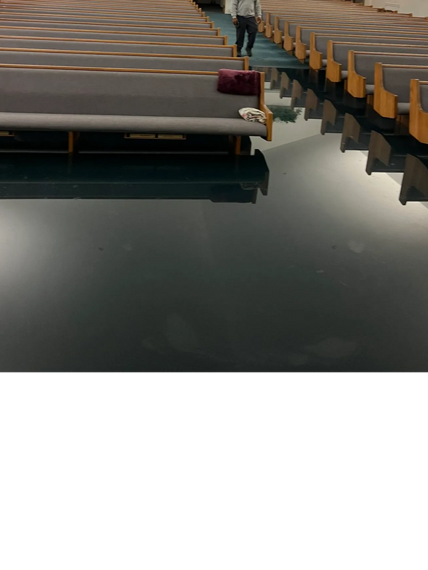 Late night Flood in Church from  burst at the Baptism Tub. Major standing water.