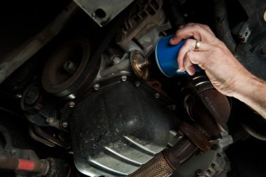 Hand holding blue oil filter under car engine.