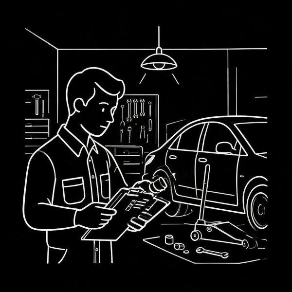 Mechanic inspecting car with clipboard in garage.