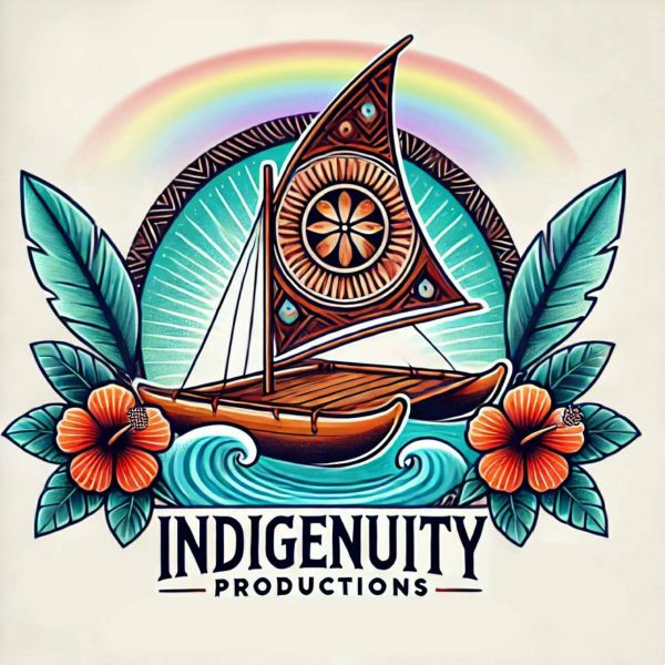 Artistic logo of a traditional boat with flowers and a rainbow, labeled Indigenuity Productions.