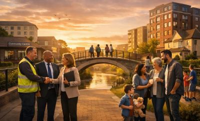People greeting and socializing near a sunset-lit canal in an urban residential area.