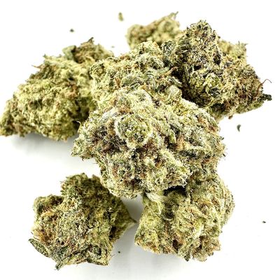 Close-up of cannabis buds on a white background.
